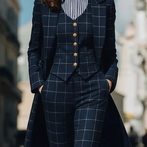 Windowpane Check Tailored High-Waist Trousers in Navy